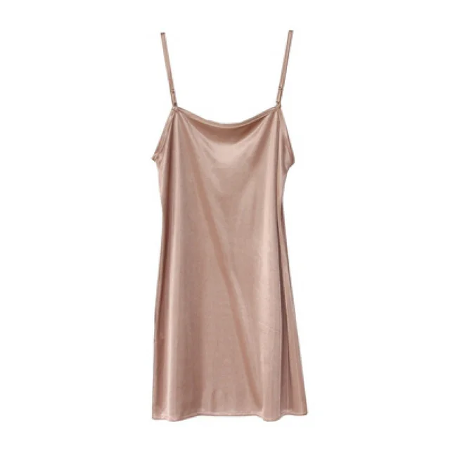 Woman Thin Shoulder Strap Underskirt Spring & Summer Dress Full Slip Petticoat Champagne - Shop at LoveMi