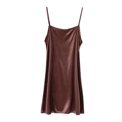 Woman Thin Shoulder Strap Underskirt Spring & Summer Dress Full Slip Petticoat Coffee - Shop at LoveMi
