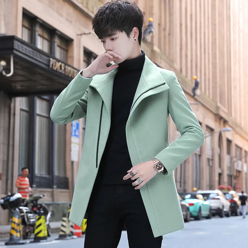 Men's Anti wrinkle Mid length Slim fit Woolen Coat Green - Shop at LoveMi
