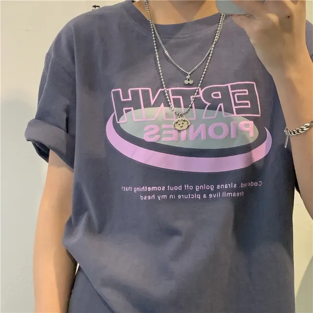 Basic Casual Three dimensional Letters Loose Short Sleeves Purple - Shop at LoveMi