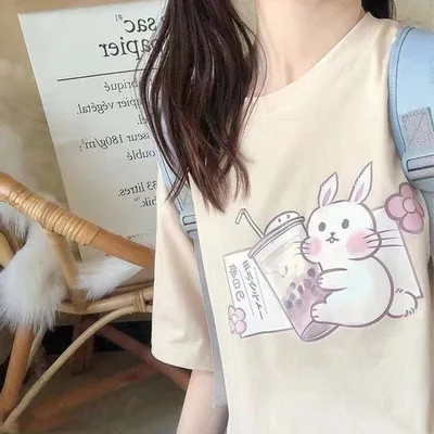 Japanese Milk Tea Bunny Short sleeved T shirt Women's Summer Dress Apricot - Shop at LoveMi
