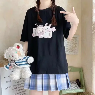 Japanese Milk Tea Bunny Short sleeved T shirt Women's Summer Dress Black - Shop at LoveMi