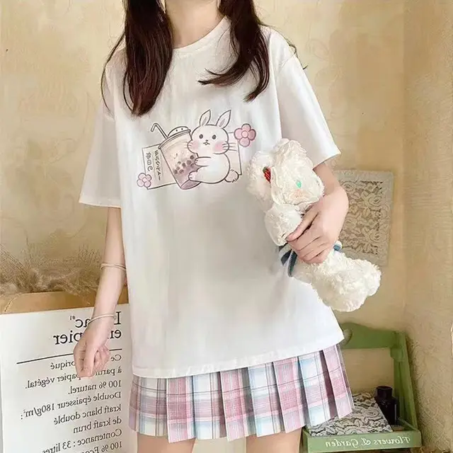 Japanese Milk Tea Bunny Short sleeved T shirt Women's Summer Dress White - Shop at LoveMi