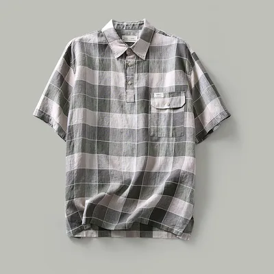 Japanese Casual Hedging Plaid Linen Shirt Men's Short Sleeves Beige - Shop at LoveMi