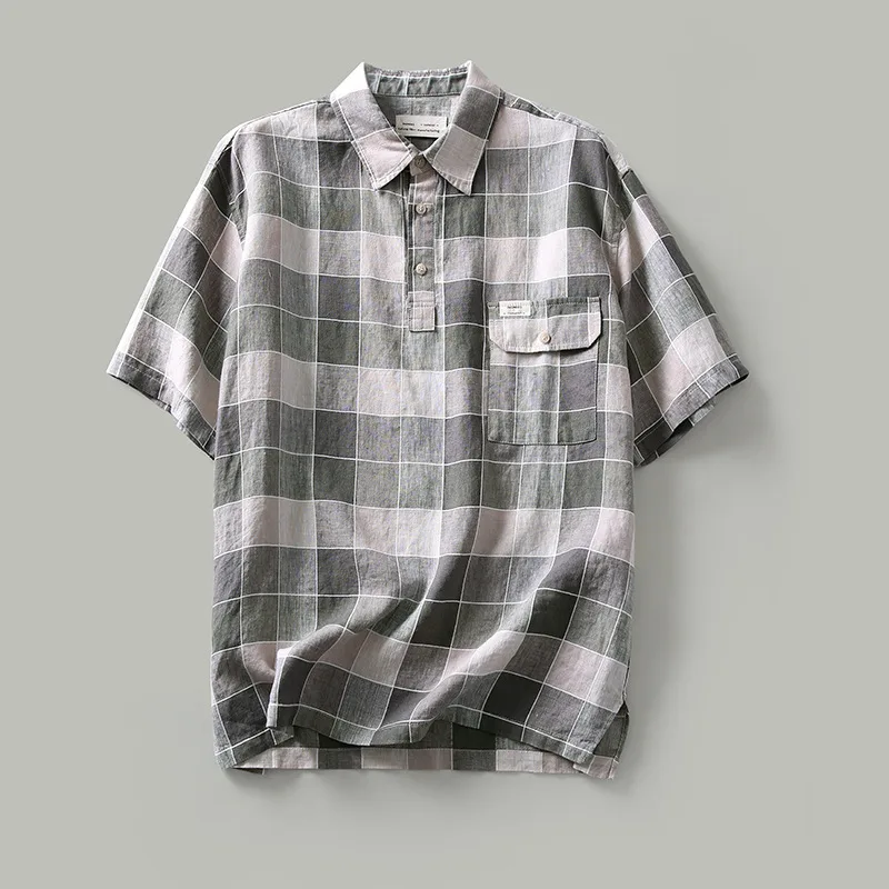 Japanese Casual Hedging Plaid Linen Shirt Men's Short Sleeves - Beige