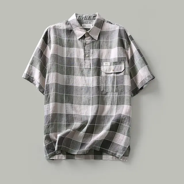 Japanese Casual Hedging Plaid Linen Shirt Men's Short Sleeves Beige - Shop at LoveMi