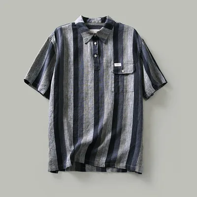 Japanese Casual Hedging Plaid Linen Shirt Men's Short Sleeves Black - Shop at LoveMi