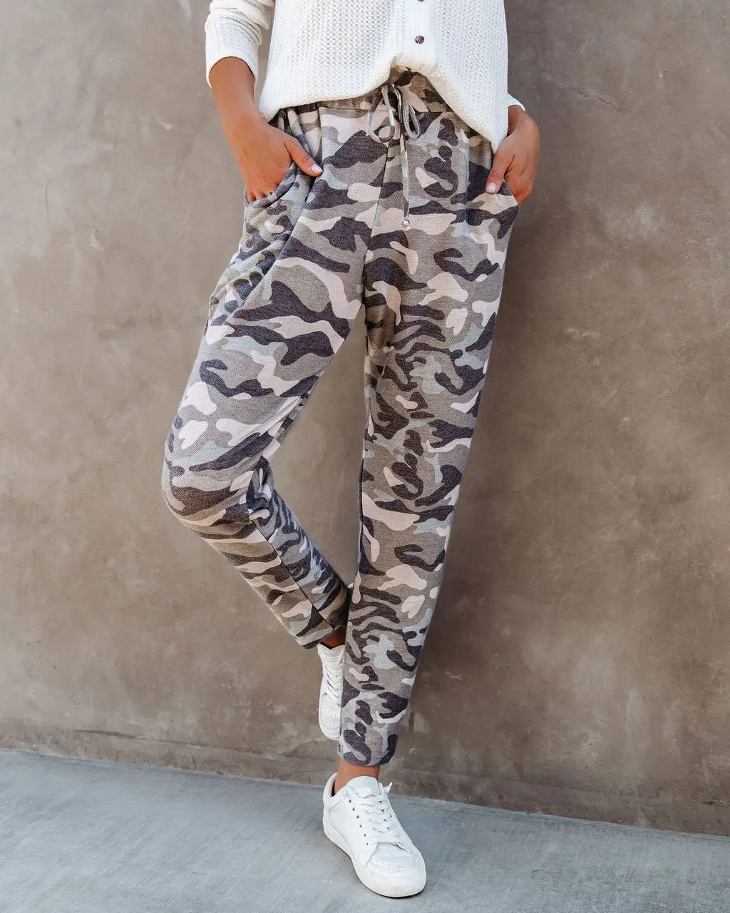 Camouflage Print Elastic Waist Casual All-Match Harem Pants - Grey