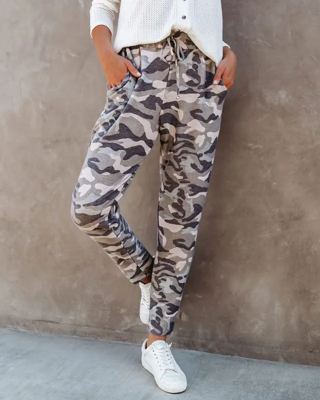 Camouflage Print Elastic Waist Casual All Match Harem Pants Grey - Shop at LoveMi