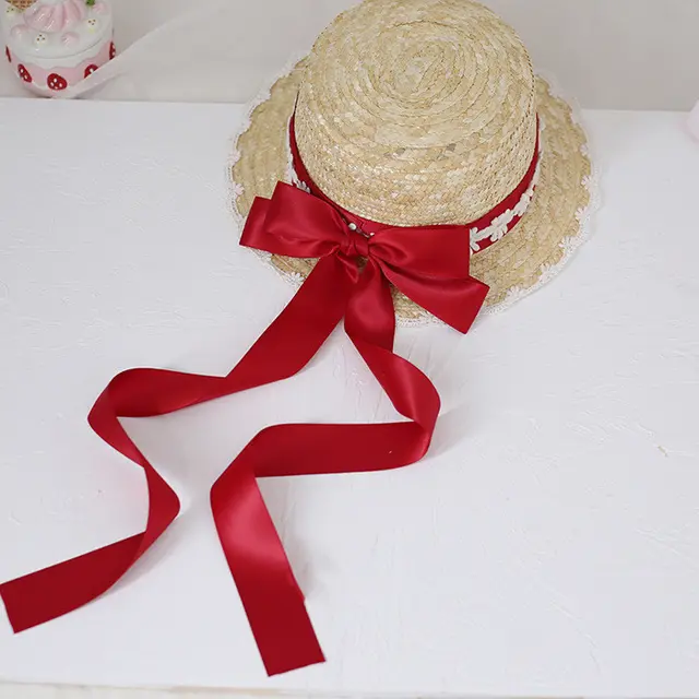 Multicolor Mori Series Big Bow Straw Hat LO Niang Pastoral Style Lolita Handmade Bow Lace Ribbon Ribbon Hat Dark Red - Shop at LoveMi
