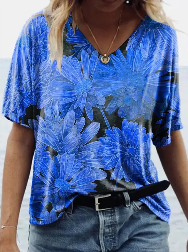 Chrysanthemum Print V neck Short sleeved Casual And Comfortable Loose T shirt Blue - Shop at LoveMi