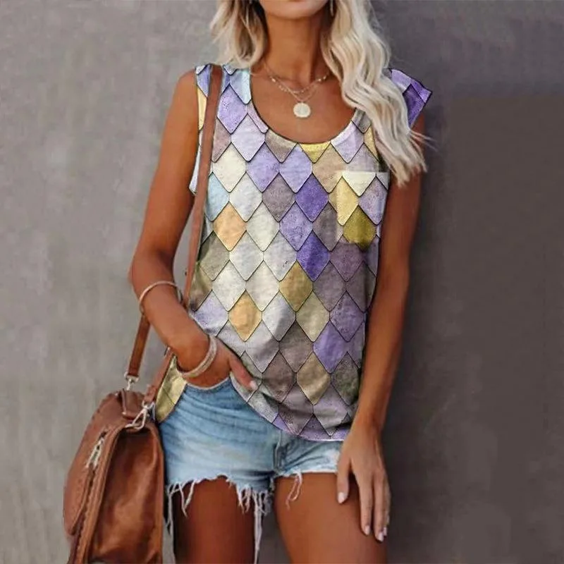 Printed Top Pocket Women's Round Neck T Shirt Sleeveless Yellow - Shop at LoveMi