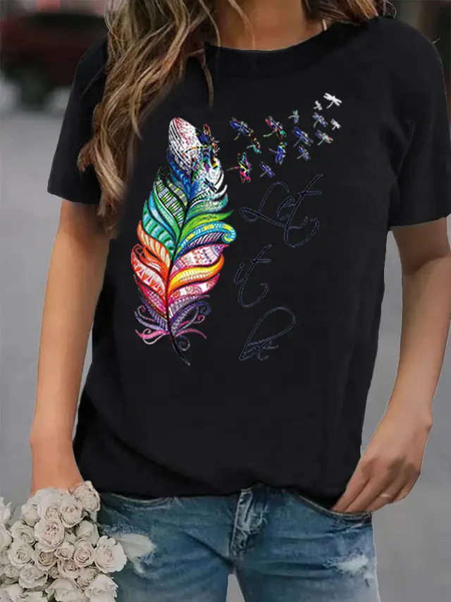 Loose Printed Round Neck Short Sleeve Women's T Shirt Black - Shop at LoveMi