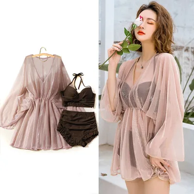 Three piece Swimsuit Women's New Bikini Split Sexy Cover Belly Slim Conservative Swimsuit Brown - Shop at LoveMi