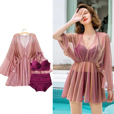 Three piece Swimsuit Women's New Bikini Split Sexy Cover Belly Slim Conservative Swimsuit Purple - Shop at LoveMi