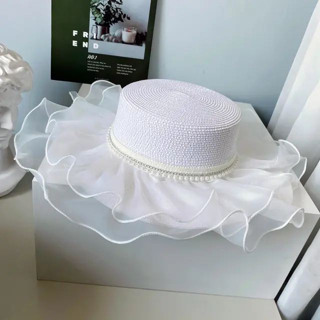 Lolita Style Flat Top Hat Women Summer Sunscreen Straw Hat White - Shop at LoveMi