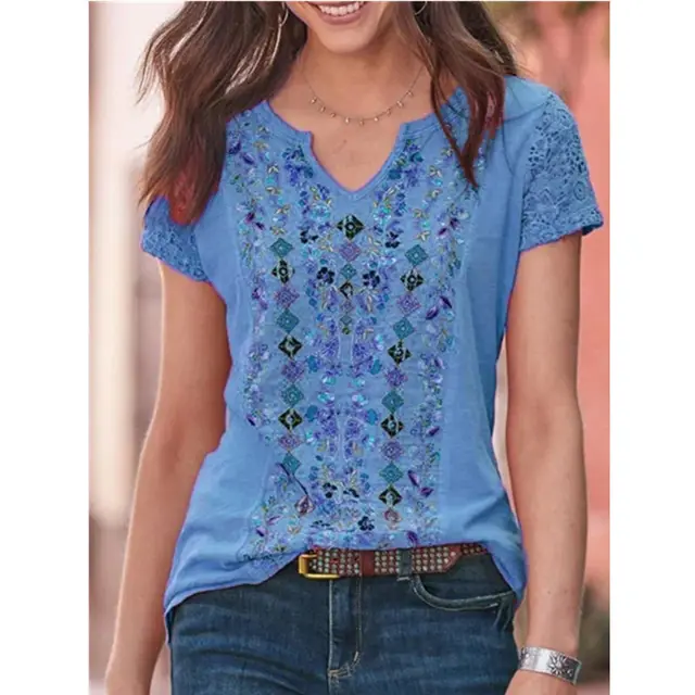 Printed V neck Retro Style Short Sleeves Blue - Shop at LoveMi