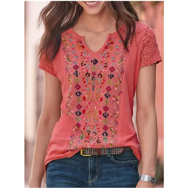 Printed V neck Retro Style Short Sleeves Pink - Shop at LoveMi