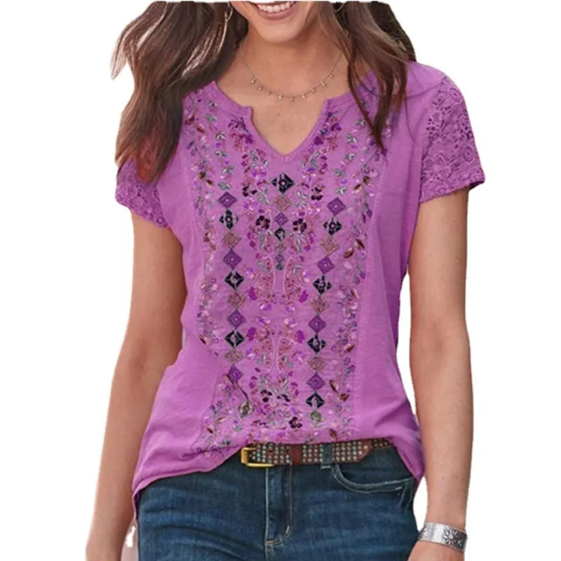 Printed V neck Retro Style Short Sleeves Purple - Shop at LoveMi