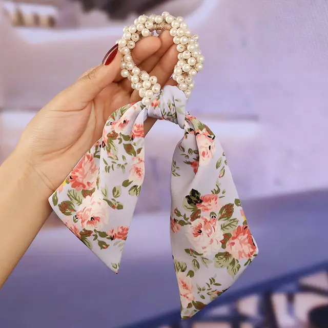Pearl Streamer, Bowknot, Hair Rope, Retro Headdress, Female Tying Hair, Hair Accessories Big Floral Blue - Shop at LoveMi