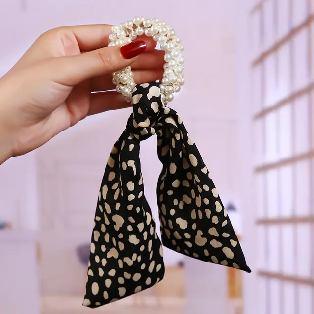 Pearl Streamer, Bowknot, Hair Rope, Retro Headdress, Female Tying Hair, Hair Accessories Leopard Flower Black - Shop at LoveMi