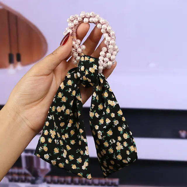Pearl Streamer, Bowknot, Hair Rope, Retro Headdress, Female Tying Hair, Hair Accessories Small Floral Black - Shop at LoveMi