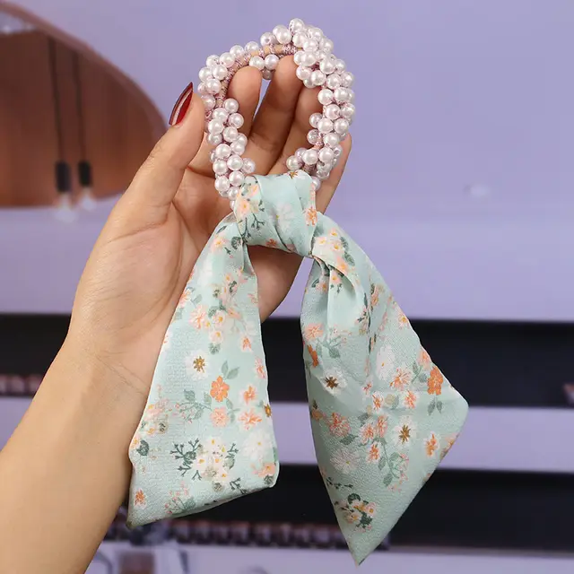 Pearl Streamer, Bowknot, Hair Rope, Retro Headdress, Female Tying Hair, Hair Accessories Small Floral Light Blue - Shop at LoveMi