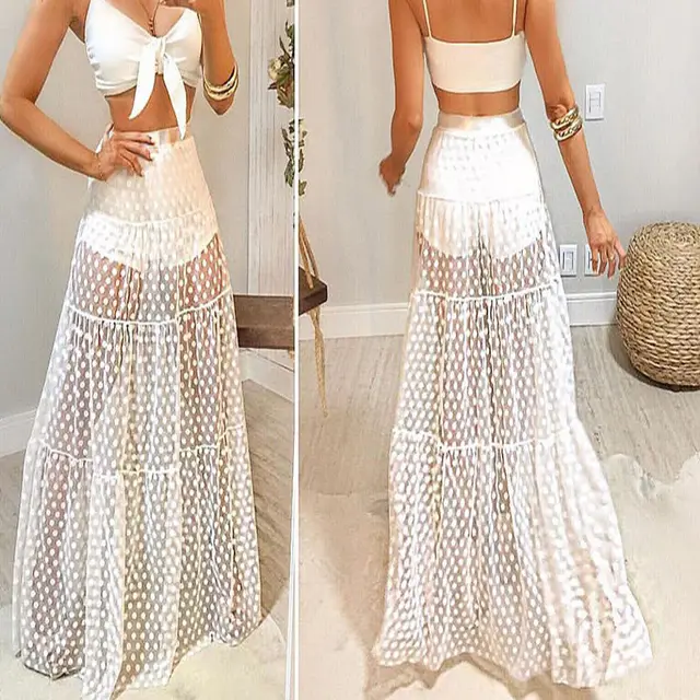 Perspective Polka Dot Pleated Elastic Waist Large Swing Skirt White - Shop at LoveMi