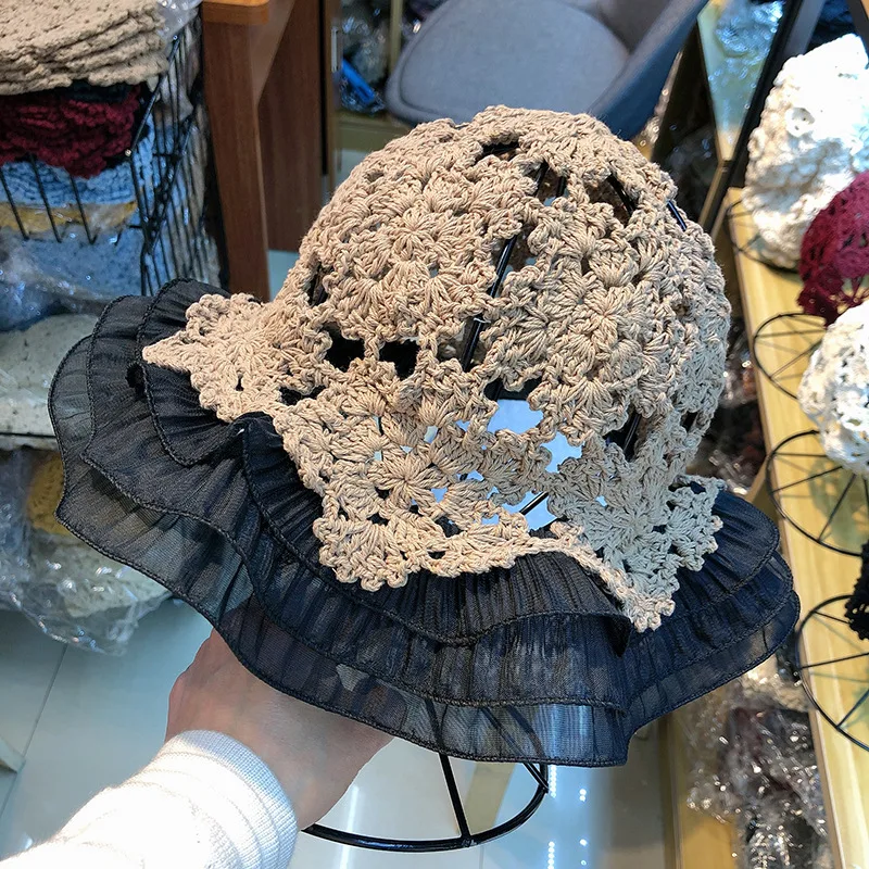 Summer New Hollow Ruffled Fisherman Hat - Grey