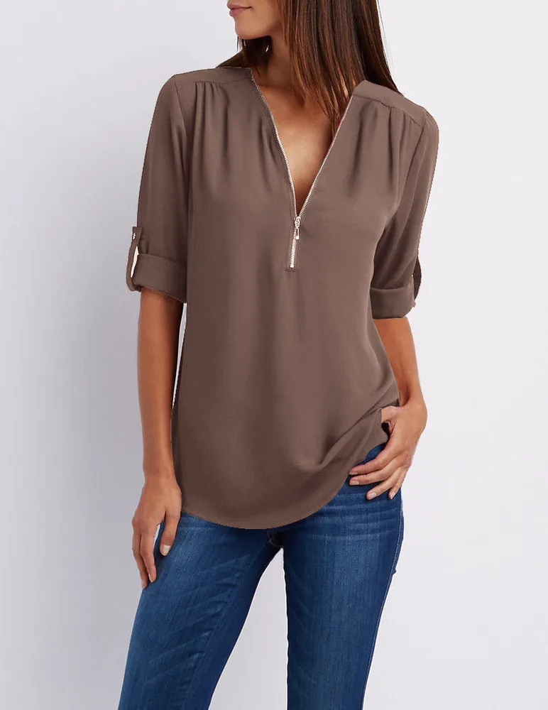 Large Size Long Sleeve Loose V neck Shirt Coffee - Shop at LoveMi