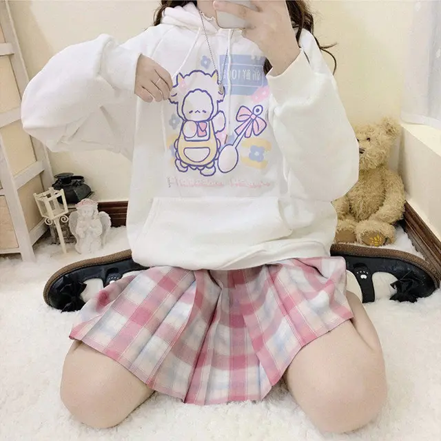 Women's Long sleeved Plus Velvet Padded Sweater With Hoodie White - Shop at LoveMi