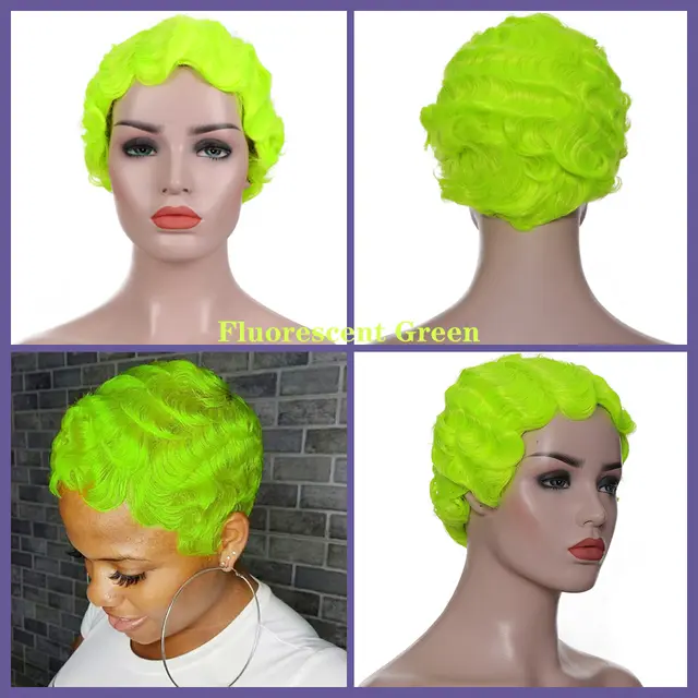 Chemical Fiber High Temperature Resistant Silk Wave Head Wig Headgear Fluorescent Green - Shop at LoveMi