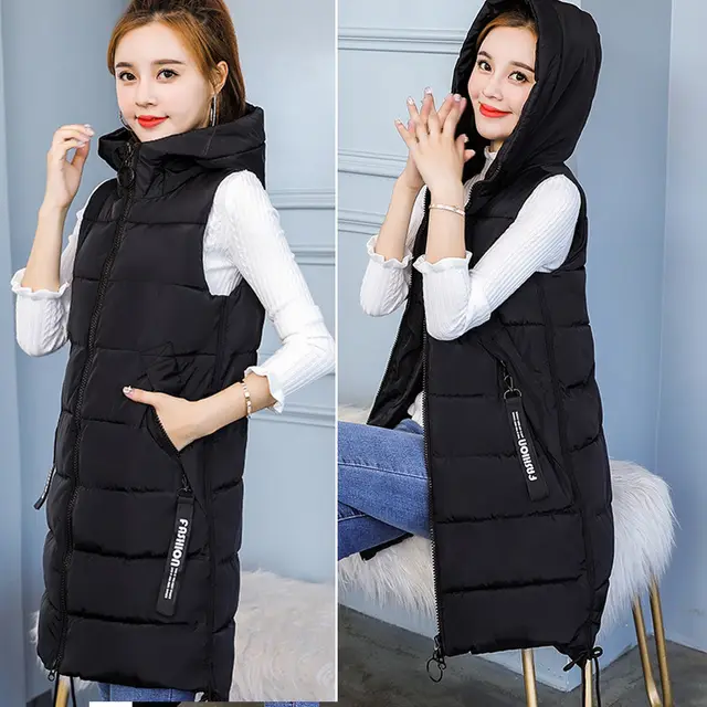 Thick Korean Mid length Loose Waistcoat Jacket Over The Knee Black - Shop at LoveMi