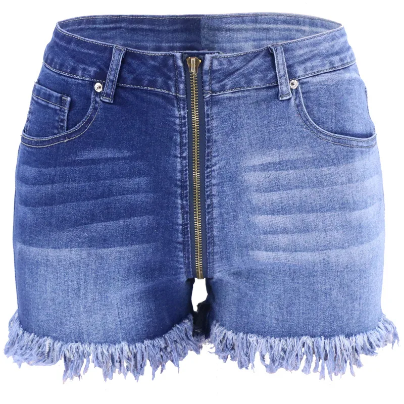Summer Long Zipper Slimming High Waist Denim Shorts - Blue
