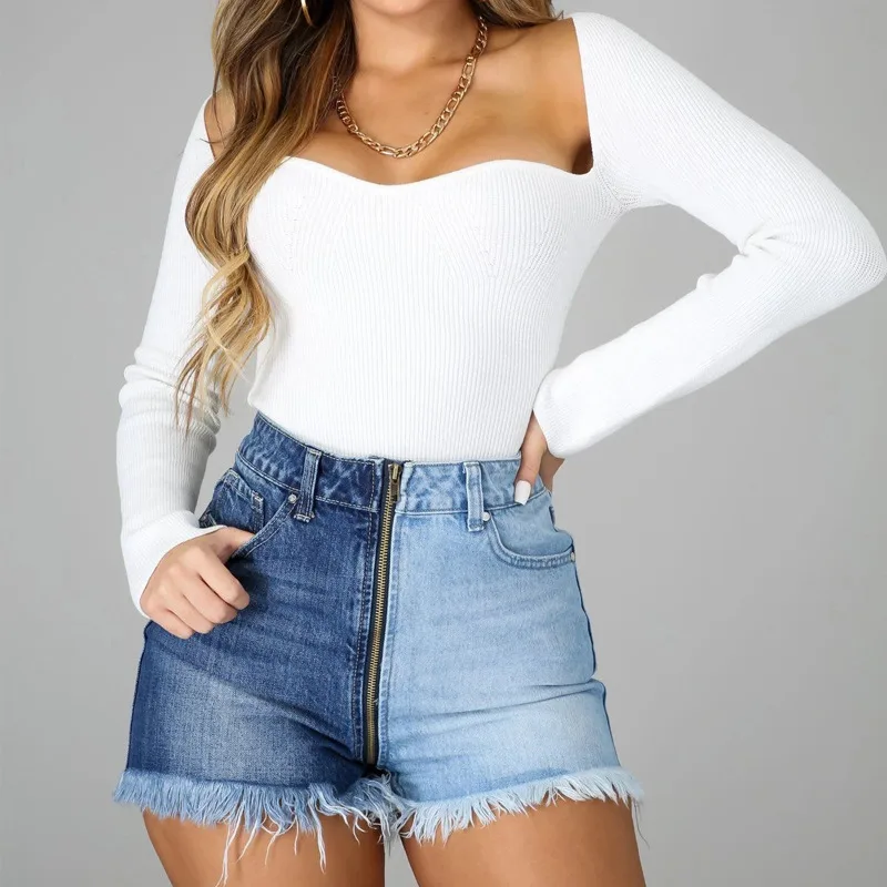 Summer Long Zipper Slimming High Waist Denim Shorts - Light Blue