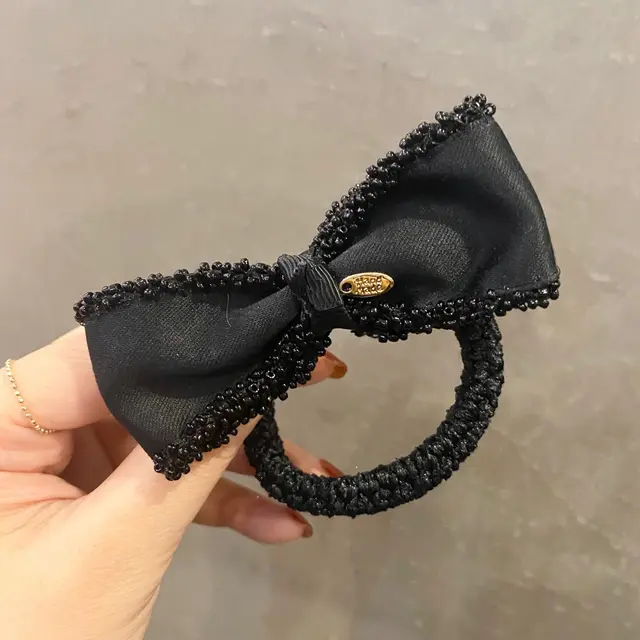 Women Girl Hair Ties Elastic Bands Camellia Plaid Flower Floral Black - Shop at LoveMi