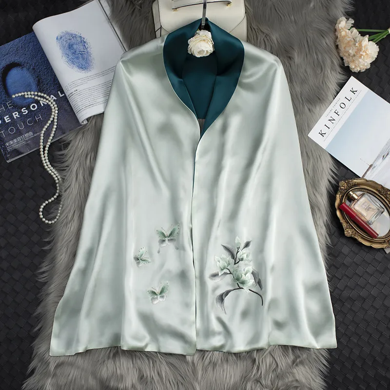 Silk Scarf Women Embroidered Cheongsam Shawl Long Two Silk Embroidery Blue - Shop at LoveMi