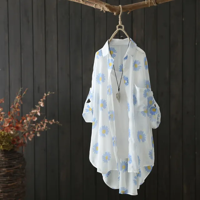 Small Daisy Print Long Sleeved Sun Protection Clothing Casual And Loose Blue - Shop at LoveMi