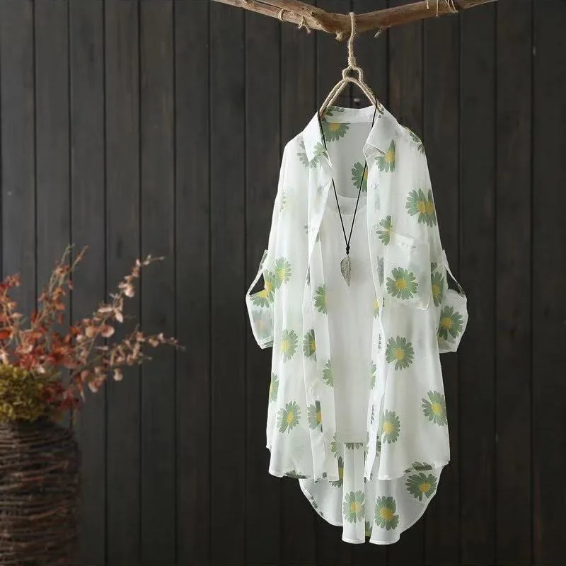 Small Daisy Print Long Sleeved Sun Protection Clothing Casual And Loose - Green