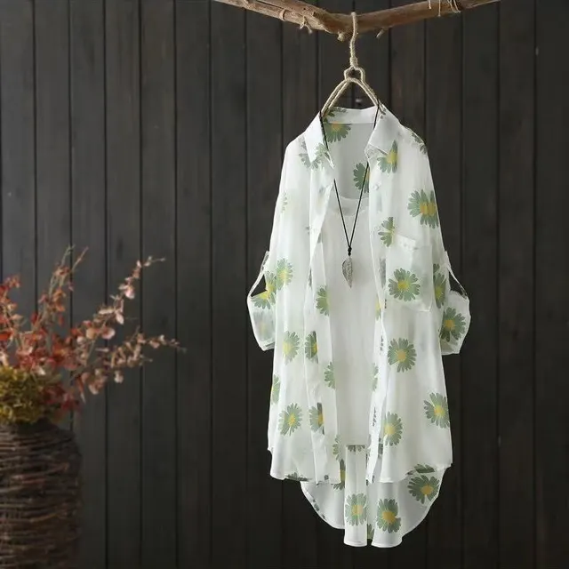 Small Daisy Print Long Sleeved Sun Protection Clothing Casual And Loose Green - Shop at LoveMi
