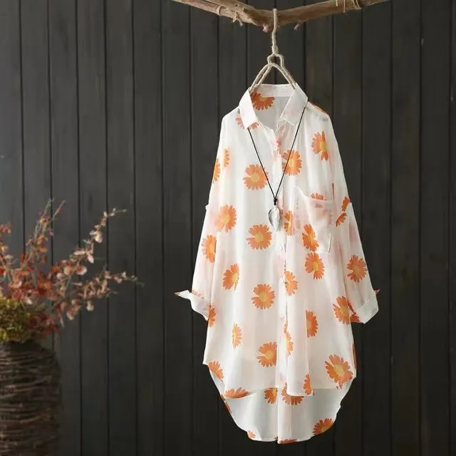 Small Daisy Print Long Sleeved Sun Protection Clothing Casual And Loose Orange - Shop at LoveMi