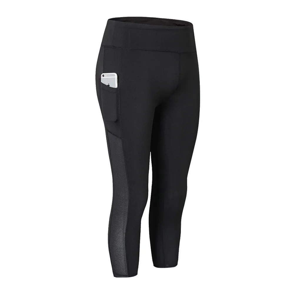 Women's Yoga Pants Side Pockets Tight Fitness Cropped Pants Running Stretch Quick-drying Breathable Sports Pants - Black