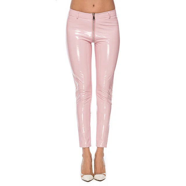 High Waist Zipper Slimming High Stretch Patent Leather Pants Skinny Pants Pink - Shop at LoveMi