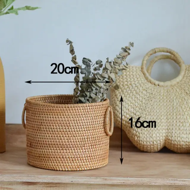 Vietnam Hand woven Rattan Coffee Table Desk Remote Control Debris Storage Basket Round Storage Bucket Khaki - Shop at LoveMi