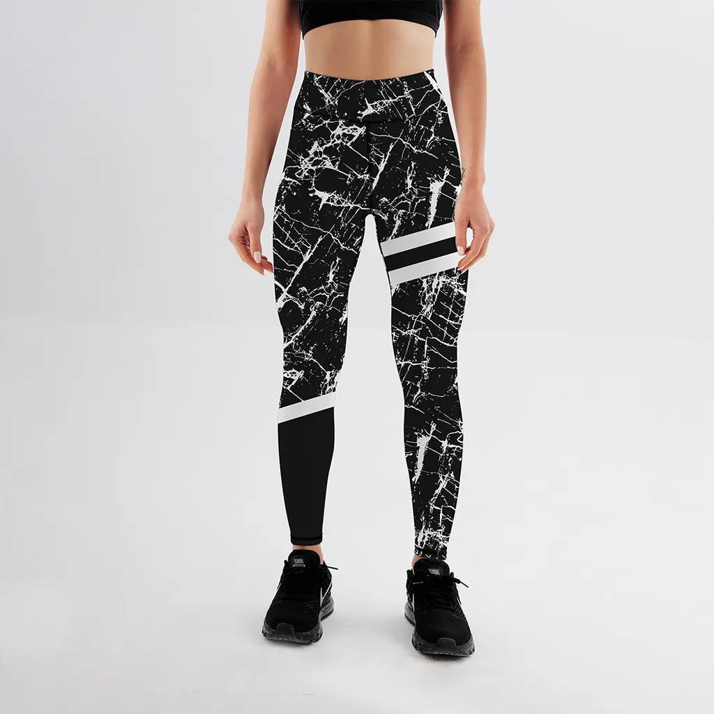 Black And White Marble Print Yoga Leggings - Black
