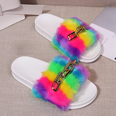 Fashion Simple Ladies Rainbow Plush Slippers White - Shop at LoveMi