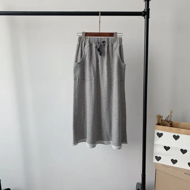 Elastic Drawstring Two pocket Terry Knit Skirt Grey - Shop at LoveMi