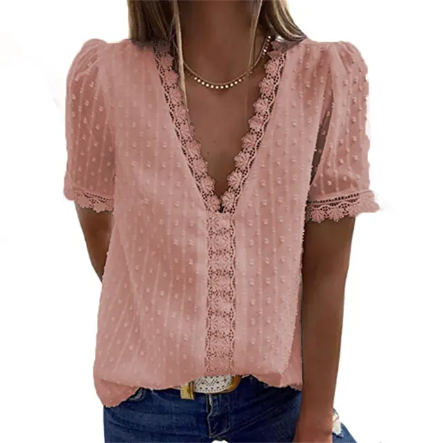 Summer New Solid Color Jacquard V Neck Short Sleeved Blouse Women Dark Pink - Shop at LoveMi