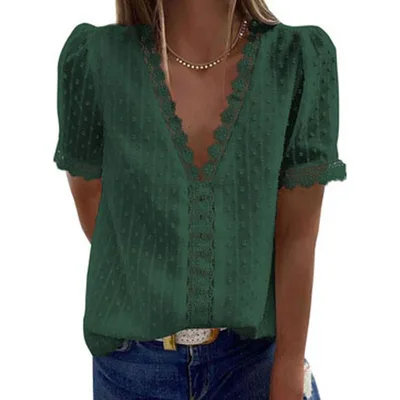 Summer New Solid Color Jacquard V Neck Short Sleeved Blouse Women Green - Shop at LoveMi