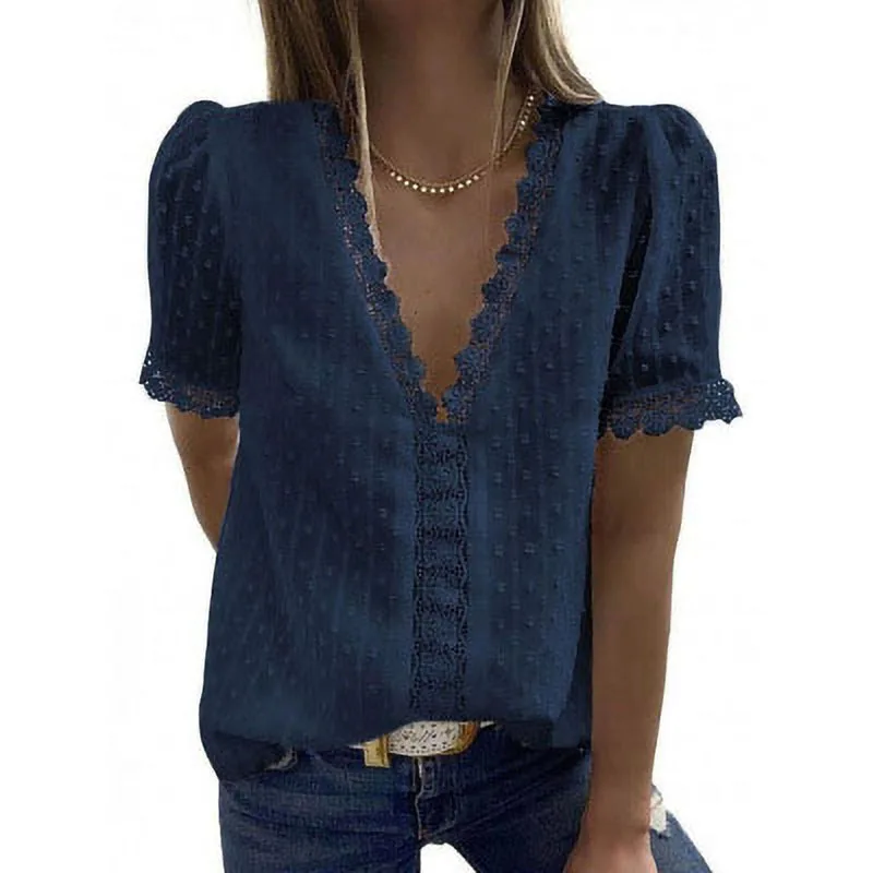 Summer New Solid Colour Jacquard V-Neck Short-Sleeved Blouse Women - Navy Blue